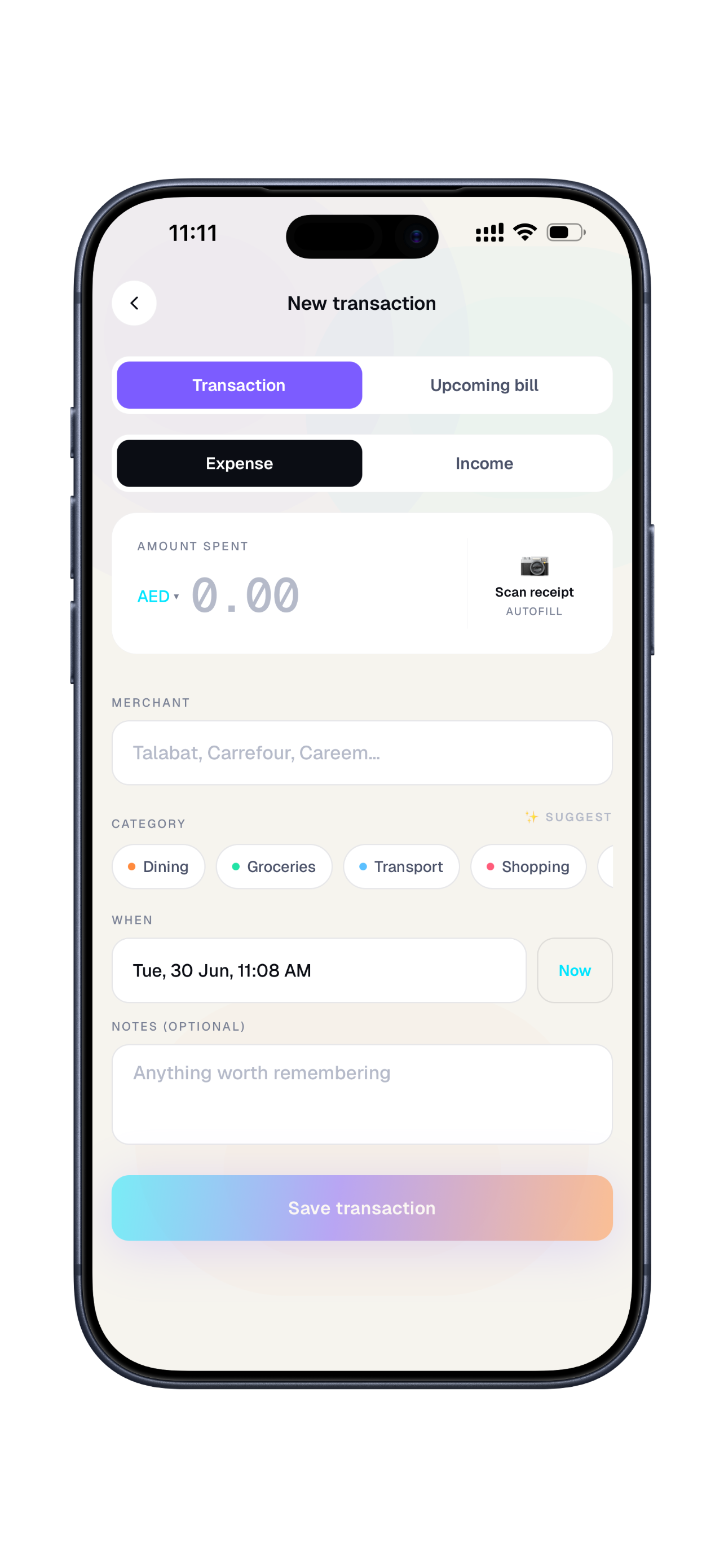 Mafi new-transaction screen for logging an expense in seconds