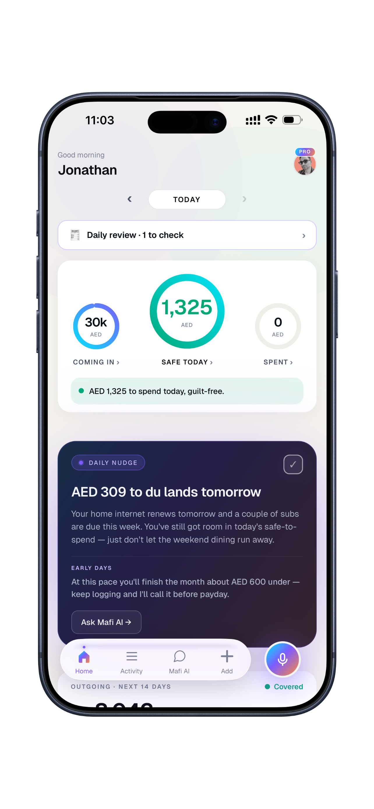 Mafi home screen showing the daily safe-to-spend ring and an AI coach nudge
